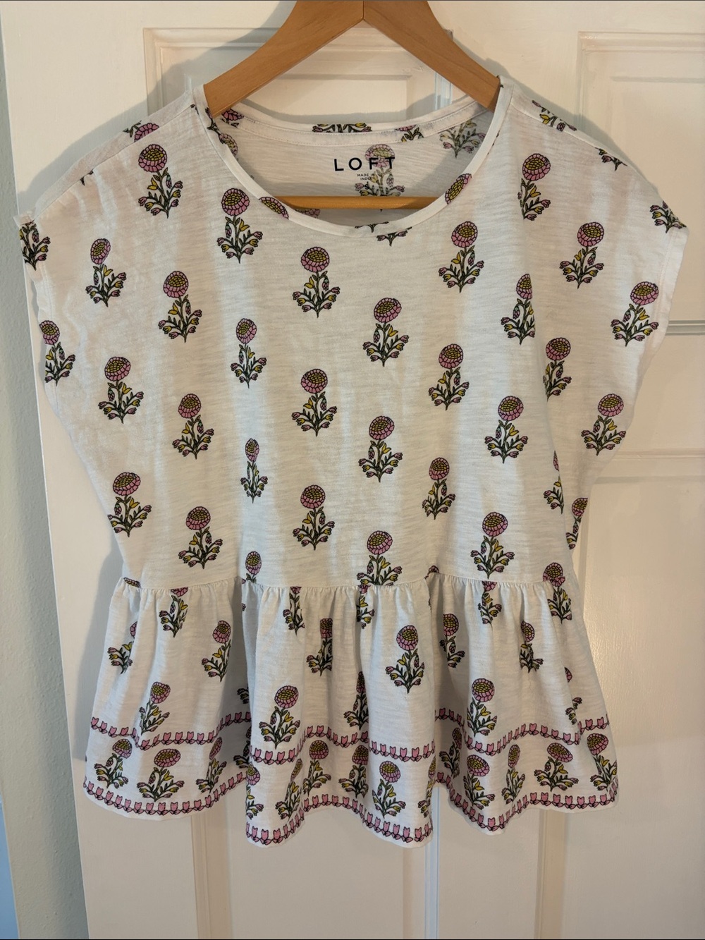 LOFT White Peplum Top with Pink and Green Floral Print